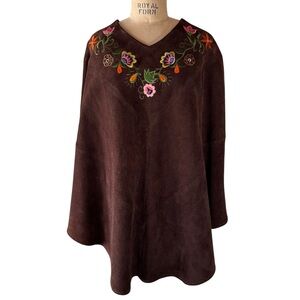 Vintage 70s Brown Suede Embroidered Hippie Poncho Cape